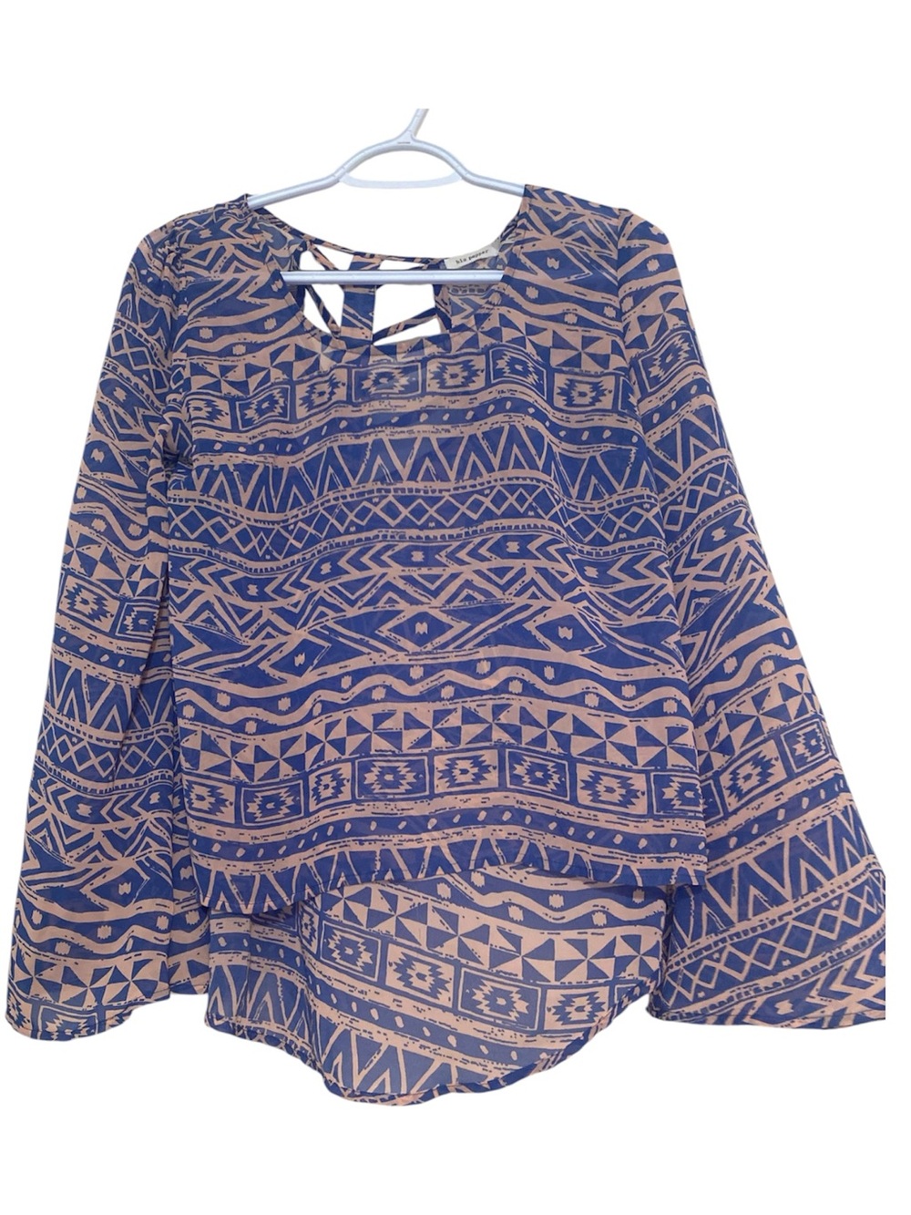 Blu Pepper Sheer Blue Aztec Geometric Tunic Top with bell sleeves size medium
